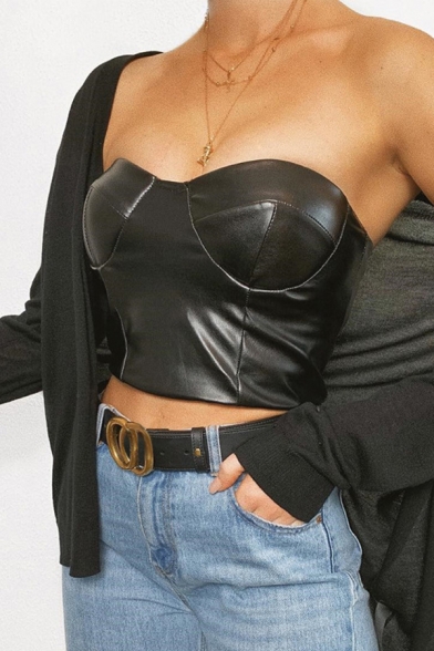 Cool Girls' Black Sleeveless Sweetheart Neck Leather Strapless Crop Tube Top for Club