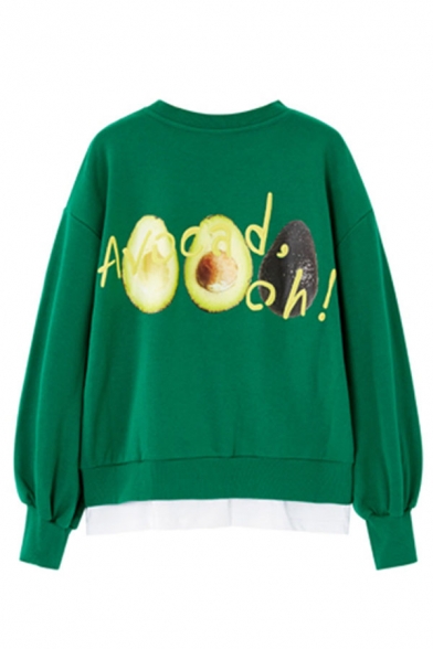 Creative Avocado Fried Egg Letter Printed Long Sleeve Patched Hem Loose Pullover Sweatshirt