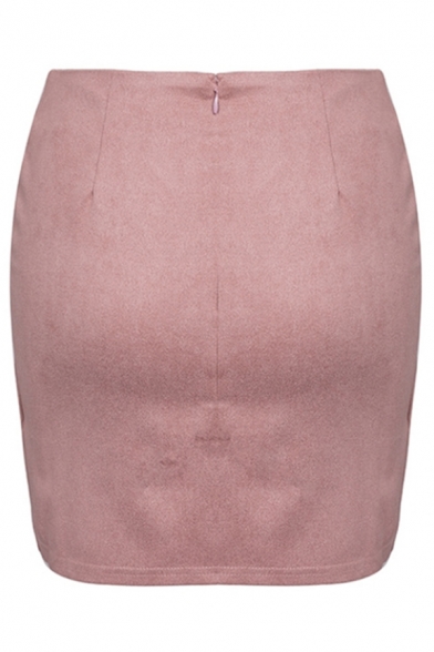 Dainty Ladies' High Waist Bow-Tied Asymmetric Corduroy Bodycon Wrap Micro Skirt in Pink