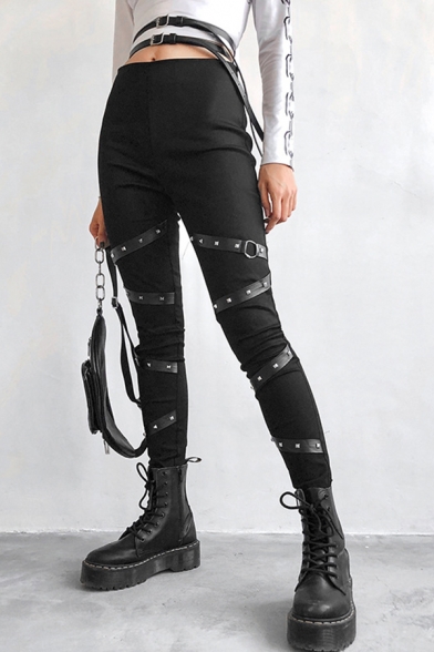 Dark Goth Mid Rise Rivet Ribbon Patched Zipper Side Long Skinny Black Pants for Girls