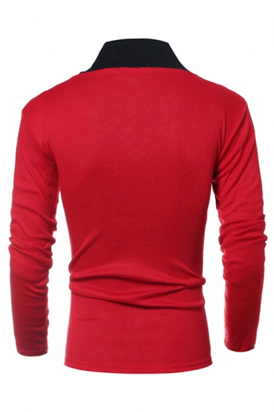 Drawstring Contrast Shawl Collar Long Sleeve Slim Fit Unique T-Shirt for Metrosexual Men