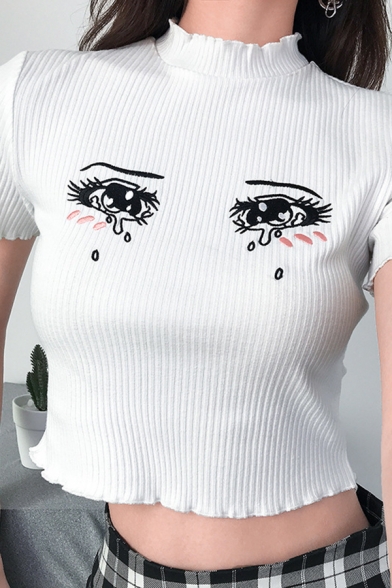 Edgy Girls' Short Sleeve Mock Neck Crying Eyes Print Stringy Selvedge Knit White Slim Crop T Shirt
