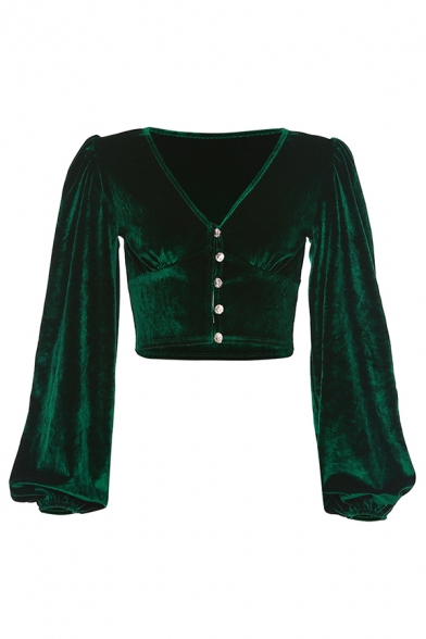 Elegant Fancy Girls' Blouson Sleeve Deep V-Neck Button Down Velvet Slim Fit Crop Blouse in Green