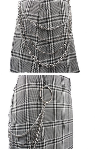 Elegant Ladies' High Waist Zip Back Chain O-Ring Embellished Plaid Print Tight Mini Skirt in Grey