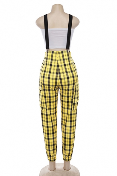 Fashion Street Girls' Mid Rise Plaid Print Flap Pockets Ankle Cuffed Tapered Suspender Trousers in Yellow