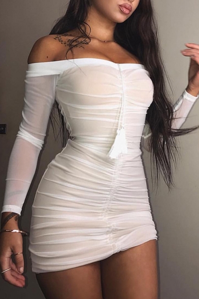 Female Sexy Fringe Embellished Off Shoulder Long Sleeve Plain Mini Fitted Mesh Dress for Party