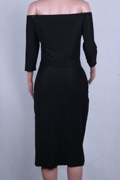 Formal Dressy Three-Quarter Sleeve Off The Shoulder High Slit Side Plain Midi Sheath Dinner Dress for Female