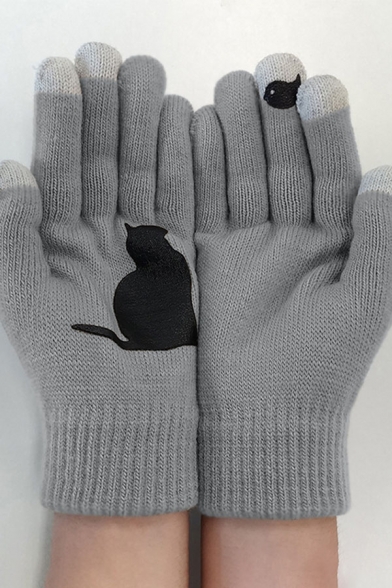 Funny Cat and Bird Pattern Colorblock Warm Knitted Gloves for Winter