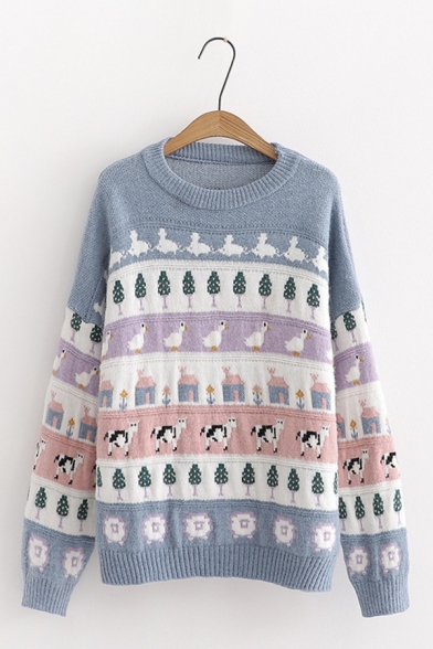 Girls Lovely Cartoon Duck Cow Printed Long Sleeve Crewneck Knitted Pullover Sweater