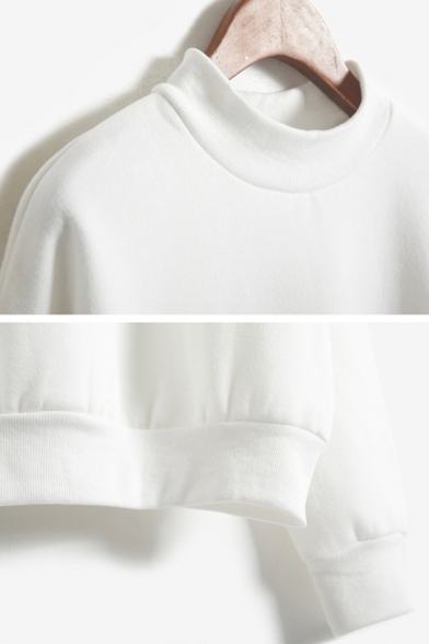 Girls Lovely Fat Cat Printed Long Sleeves Mock Neck Loose White Sweatshirt