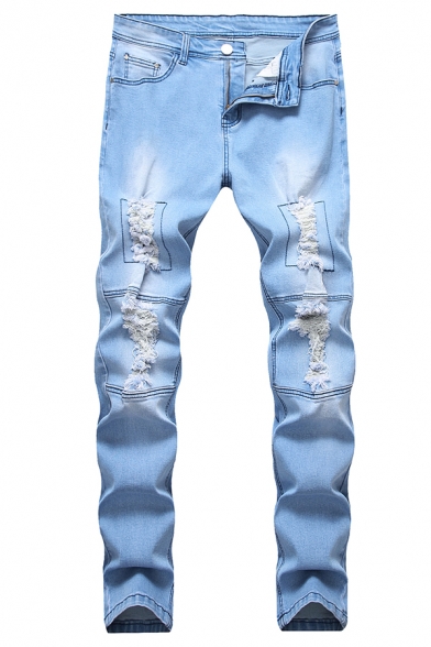Guys Popular Contrast Topstitch Design Daily Jeans Light Blue Ripped Denim Trousers