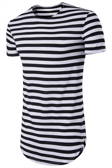 Hip Hop Stylish Stripes Pattern Short Sleeve Curved Hem Slim Fit Casual Longline T-Shirt
