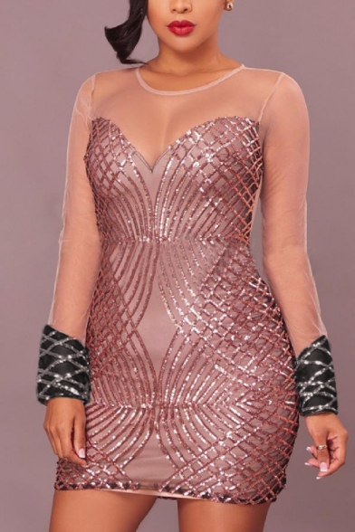 Hot Fashion Sheer Mesn Patch Sequin Embellished Plunge V Neck Long Sleeve Bodycon Mini Dress