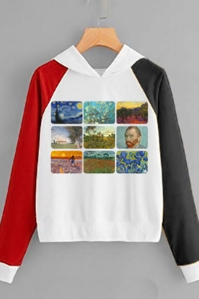 Oil Paint Collage Pattern Colorblocked Long Sleeve Leisure Pullover Hoodie