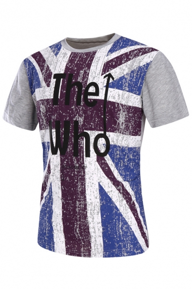 Letter THE WHO Union Jack Printed Short Sleeve Light Gray T-Shirt