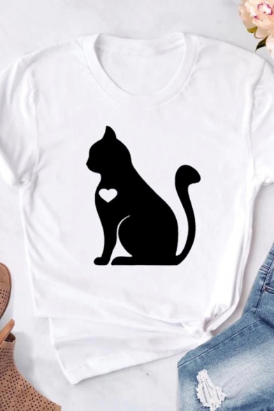 Lovely Heart Cat Printed Curved Short Sleeve Loose Fit Casual T-Shirt for Women