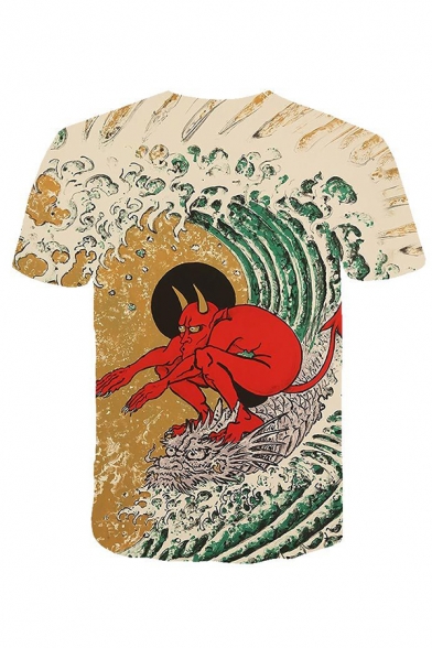 Men's Funny Cartoon Devil Surfing 3D Printed Short Sleeve Crew Neck Summer Khaki T-Shirt