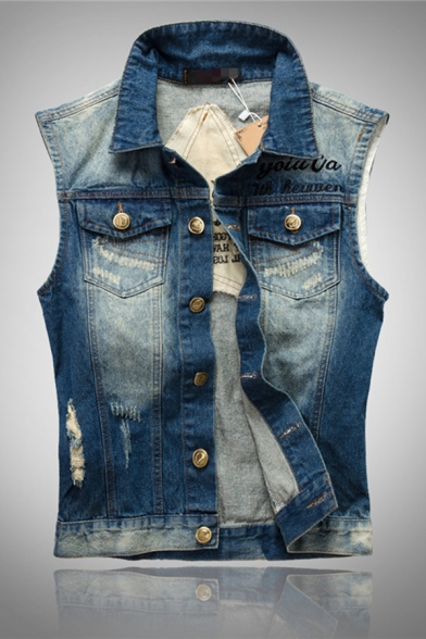 Mens Casual 52 GARULA Letter Embroidery Star Printed Raw Edges Ripped Detail Button Down Sleeveless Denim Vest