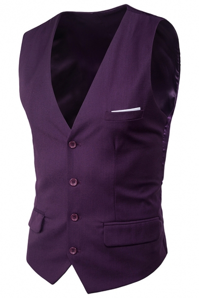Mens Casual Business V-Neck Sleeveless Single Breasted Plain Fitted Satin Suit Vest