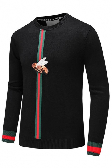 Mens Casual Embroidered Bee Applique Stripe Printed Long Sleeve Round Neck Black Knit Pullover Sweater