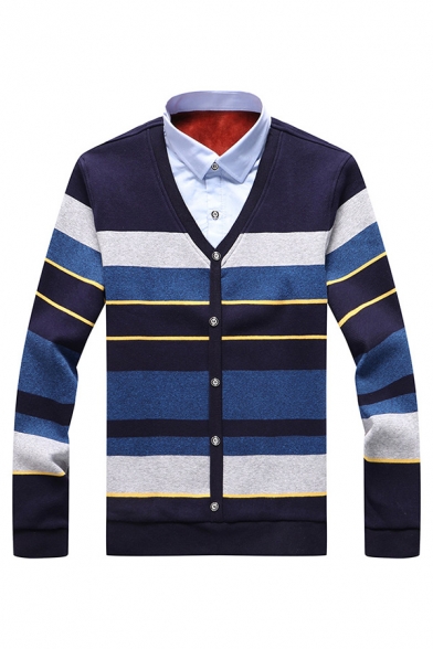 Mens Casual Stripes Printed Long Sleeve Button Down Patched Collar False Two Piece Cardigan