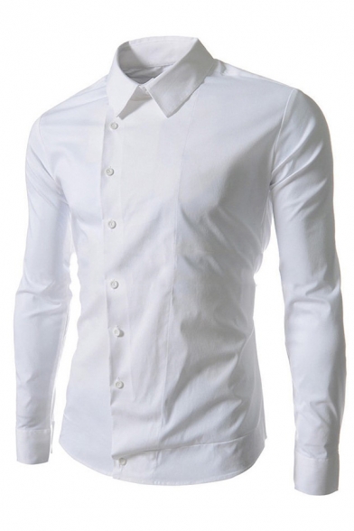 Mens Exclusive Long Sleeve Side Button Placket Slim Fit Solid Color Shirt