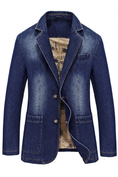 Mens Leisure Solid Color Long Sleeve Double Button Slim Fit Denim Blazer Jacket with Pocket
