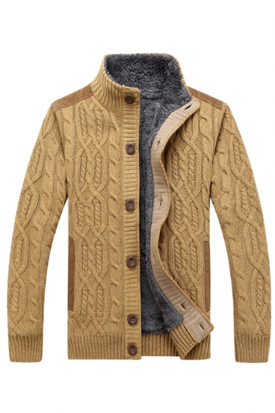 Mens Popular Plain Cable Knit Long Sleeve Stand Collar Single Breasted Slim Fit Cardigan Coat