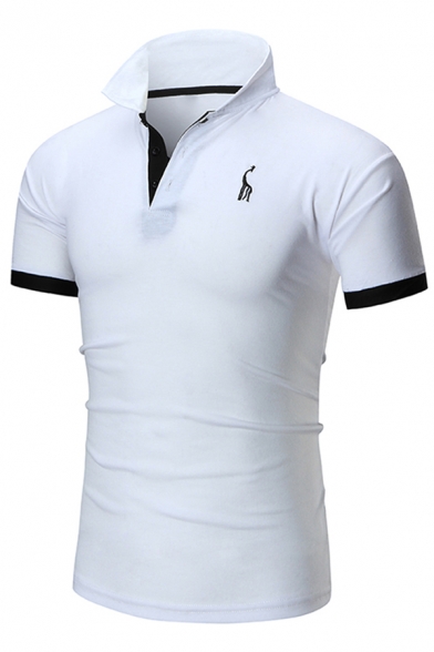 Mens Simple Deer Embroidery Contrast Trimmed Short Sleeves Fitted Sport Polo Shirt