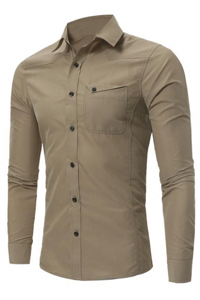 Mens Simple Plain Long Sleeve Chest Pocket Design Single Breasted Slim Fit Shirt