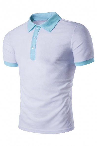 Mens Stylish Contrast Panelled Lapel Collar Short Sleeve Fitted Polo Shirt