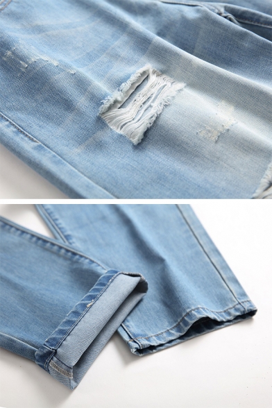 Mens Trendy Light Blue Destroyed Ripped Denim Trousers Button Fly Casual Jeans