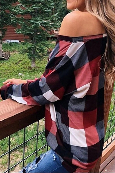 New Fashion Checked Pattern One Shoulder Long Sleeve Casual T-Shirt Top