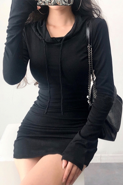 New Street Style Plain Long Sleeve Mini Fitted Hoodie Dress with Drawstring Hood