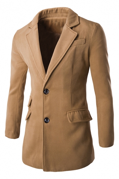 Plain Long Sleeve Stand Collar Single Breasted False Pocket Slim Fit Wool Coat Overcoat for Men