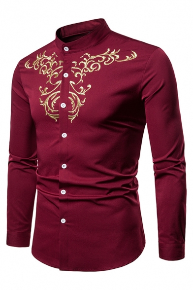 Retro Embroidered Pattern Front Band Collar Long Sleeve Button Up Shirt ...