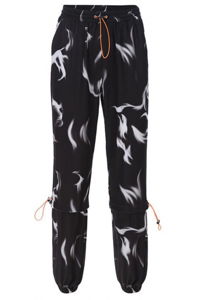 Stylish Cool Women's Elastic Waist Flame Printed Drawstring Cuffed Relaxed Tapered Pants in Black
