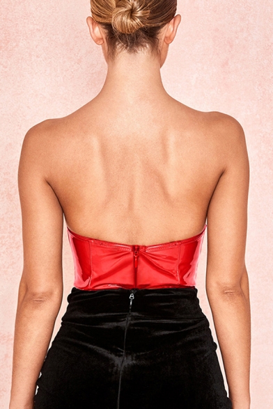 Stylish Sexy Women's Sleeveless Strapless Leather Plain Slim Fit Bodysuit