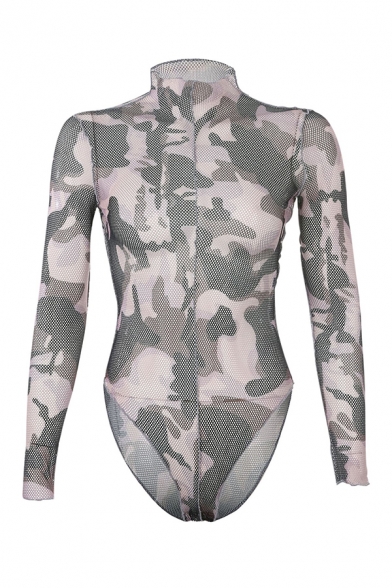 Unique Girls' Long Sleeve High Neck Camo Print Contrast Pipe Stringy Selvedge Cut Out Perforated Fitted Bodysuit in Grey