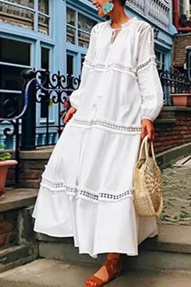 White Ethnic Style Long Sleeve V-Neck Ruffled Trim Bow-Tied Patched Lace Oversize Maxi Swing Dress for Female