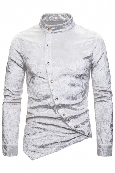 Winter Popular Inclined Button Embellished Irregular Hem Plain Diamond Velvet Shirt