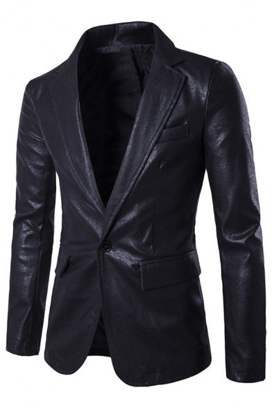 Winter Popular Solid Color Long Sleeve Single Button PU Leather Blazer Jacket for Men
