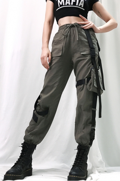 Women Cool Drawstring Waist Buckle Ribbon Cuff Ankle Army Green Relaxed Carrot Cargo Pants with Bag
