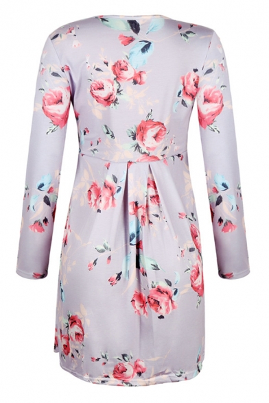 Women's Long Sleeve Round Neck Floral Patterned Pleated Short Swing Dress