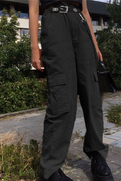 Women's Plain Street Mid Rise Utility Ribbon Full Length Baggy Wide Trousers