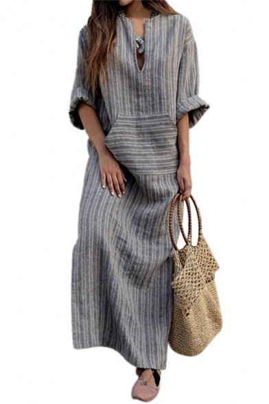 Women's Simple Short Sleeve V-Neck Striped Pocket Linen Maxi Oversize Dress in Grey