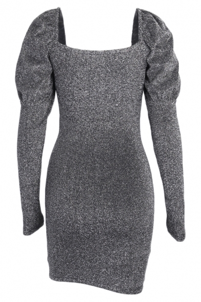 Womens Black Glitter Fashion Sweetheart Neck Ruched Detail Long Sleeve Mini Cocktail Dress