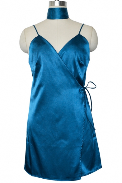 Womens Casual Plain Blue Silk V-Neck Side Tied Sleeveless Mini Wrap Cami Dress