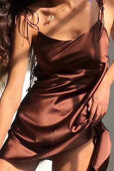 Womens Casual Sexy Plain Brown Tied Strap Mini Satin Cami Party Dress