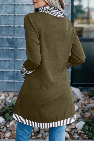 Womens Chic Stripe Trim Pocket Cowl Neck Long Sleeve Longline Asymmetric T-Shirt Top
